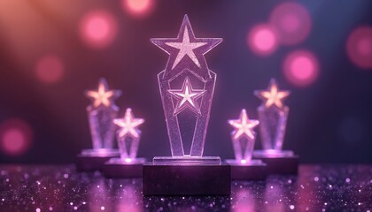 Illustration of star trophies on a dark background. Awards are in focus with blurred bokeh. The image has a glamorous feel with vibrant colors for celebration.