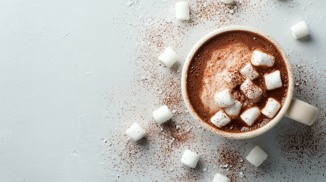 Delicious hot chocolate with marshmallows on a light background, perfect for winter, warmth, and cozy moments. - Powered by Adobe