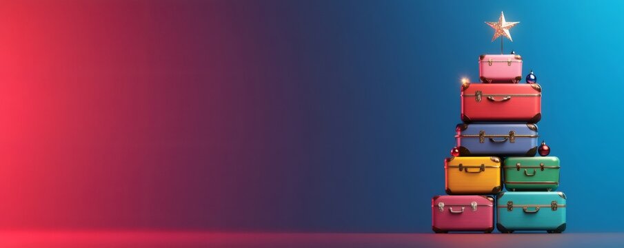 Colorful suitcases stacked like a christmas tree, representing festive holiday travel and vacation. Star and ornaments adorning arrangement