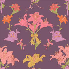 Vintage seamless pattern with hand drawn lily flowers and fancy bow knots on dark purple background