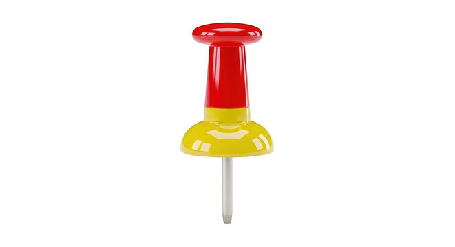 Red and yellow plastic push pin with white metal pin isolated on a transparent background thumbtack