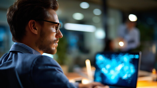 Faceless businessman with screen presentation in meeting defocused workshop office background AI machine learning training monitor display team speaker future technology - Powered by Adobe