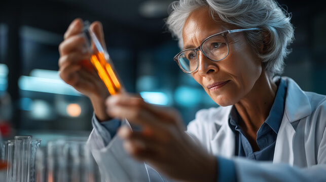 Faceless senior female doctor researcher using AI algorithms defocused hospital laboratory background analysis data developing medicine strategy medical science innovation