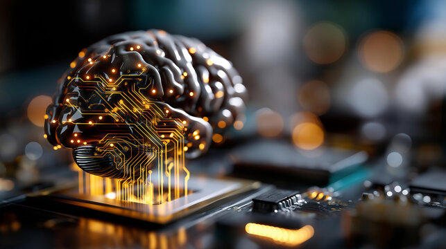 AI brain on circuit board visualization faceless processing data concept defocused future innovation background artificial intelligence technology neural computing intelligent