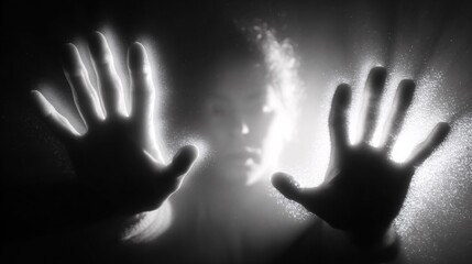 Dramatic black and white portrait of person pressing hands against foggy glass with backlight