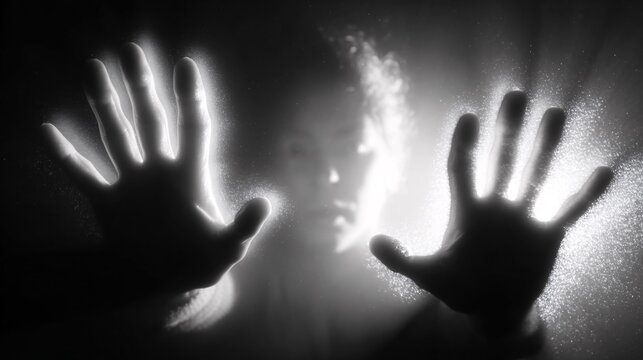 Dramatic black and white portrait of person pressing hands against foggy glass with backlight