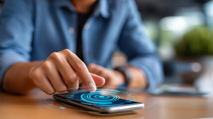 Faceless voice assistant AI technology concept defocused man using smartphone background virtual voice recognition interface machine learning speech processing conversational