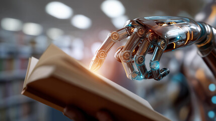 Concept of artificial intelligence combined with magic of books faceless knowledge visualization defocused library background AI learning metaphor information technology