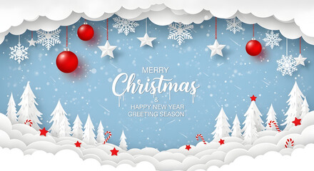 Merry christmas and happy new year greeting card with snowflakes, red baubles, white trees and clouds in a snowy landscape
