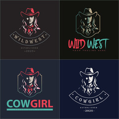Cowgirl american sheriff wild west beauty face head silhouette logo set vintage design template