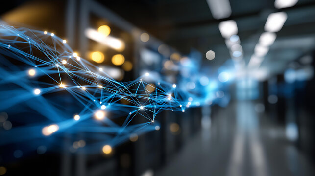 Futuristic AI hub visualization faceless silver and azure server room defocused data center background advanced infrastructure cloud computing facility enterprise technology