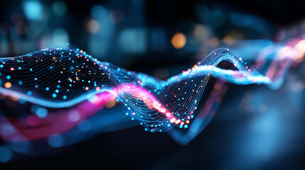 Vibrant digital data stream and analytics visualization faceless glowing waves defocused blue and pink background modern technology connectivity real time data flow network