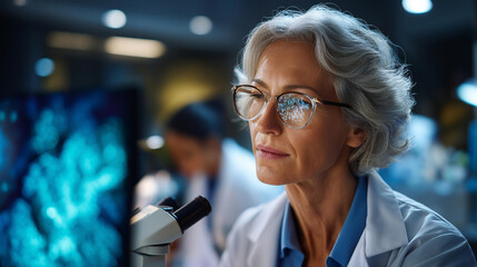Faceless senior female doctor researcher using AI algorithms defocused hospital laboratory background analysis data developing medicine strategy medical science innovation