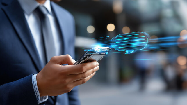 Faceless person using mobile phone with futuristic AI chatbot interface defocused digital interaction background conversational AI technology virtual assistant intelligent dial