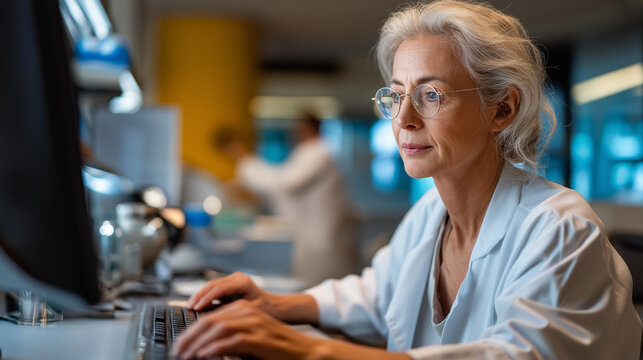 Faceless senior female doctor researcher using AI algorithms defocused hospital laboratory background analysis data developing medicine strategy medical science innovation - Powered by Adobe