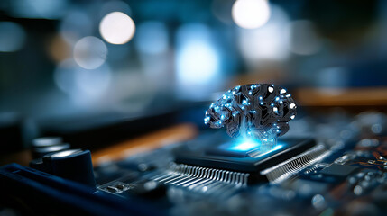 AI brain on circuit board visualization faceless processing data concept defocused future innovation background artificial intelligence technology neural computing intelligent