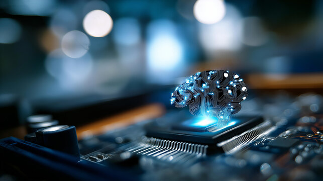 AI brain on circuit board visualization faceless processing data concept defocused future innovation background artificial intelligence technology neural computing intelligent