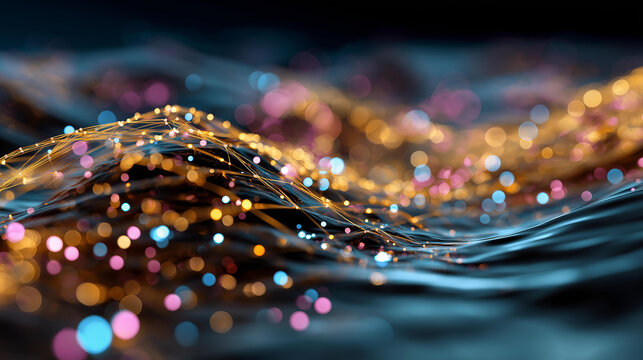 Deep sea data landscape with shimmering particles faceless neural network field defocused futuristic technology background digital waves visualization AI processing