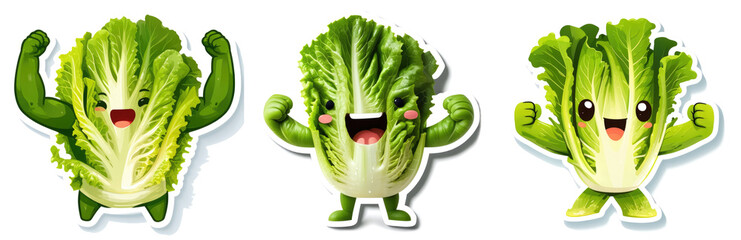 set of Salad sticker flexing leafy arms with veggie power. isolated on white. healthy eating strength. nutrition pride.