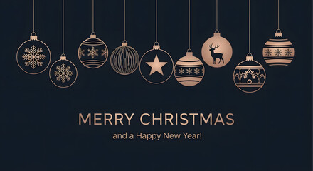Elegant dark blue background with hanging christmas ornaments featuring snowflake, star, and reindeer designs, with merry christmas and happy new year text