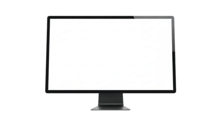 Sleek dark gray computer monitor with a bright white blank screen isolated on a transparent background