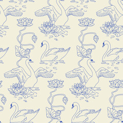 Monochrome vintage art nouveau toile hand drawn swan swimming in lake with lotus flowers seamless pattern