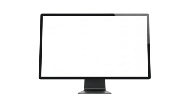 Sleek dark gray computer monitor with a bright white blank screen isolated on a transparent background