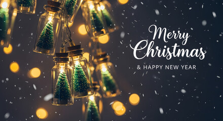 Merry christmas and happy new year message with string lights featuring mini christmas trees in glass jars and bokeh effect