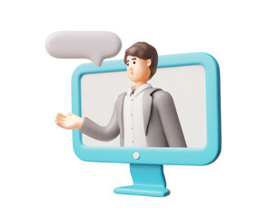 Man in computer screen, speech bubble, 3D vector cartoon online consultant, business assistant, customer support service
