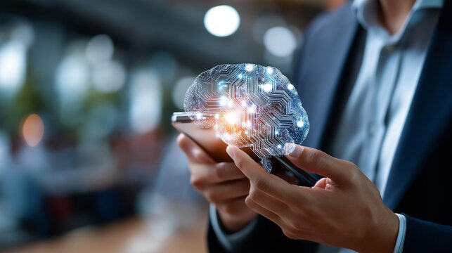 AI assistant brain processor with LLM technology faceless visualization defocused big data background machine learning interface generative AI business support future