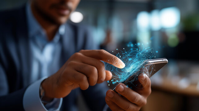 Faceless businessman using AI technology for data analysis defocused automation background intelligent software interface virtual assistant tools smart technology digital