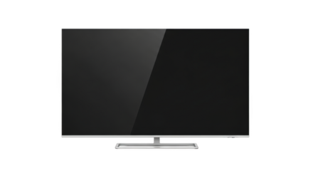 Thin bezel flat screen television with silver stand on black background isolated on a transparent background