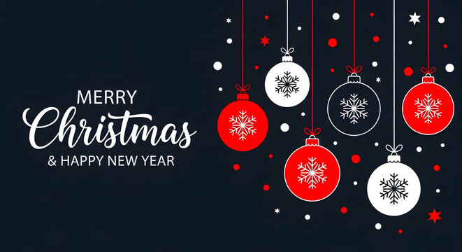 Merry christmas and happy new year greeting with hanging ornaments and snowflakes on a dark blue background, festive holiday design