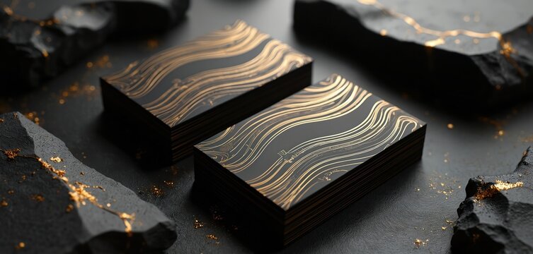 Dark business cards showcase gold flowing pattern design. Elegant black cards sit on stone background. Modern card design suitable for graphic designers. Can be used for personal or company needs.