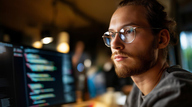 Faceless diverse AI developers in late night coding session defocused programming background senior engineer mentoring complex machine learning algorithm collaborative