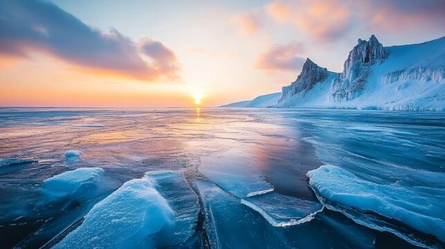A breathtaking and picturesque view of stunning ice formations alongside rocky outcrops on a serene, frozen lake