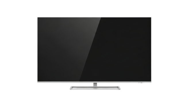 Thin bezel flat screen television with silver stand on black background isolated on a transparent background
