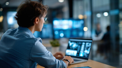 Data science and engineering visualization faceless software engineer working defocused database background big data analytics interface cloud computing with AI data exchange