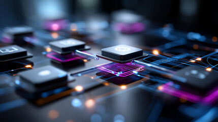 AI workflow automation software interface visualization faceless nodes triggers defocused data dashboard background coding icon flow process technology 3D rendering orchestra