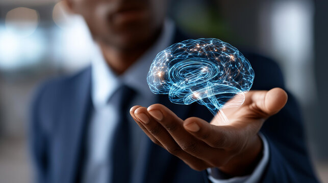 Faceless AI engineer holding global network visualization defocused artificial intelligence systems background machine learning automation prediction recognition algorithms - Powered by Adobe