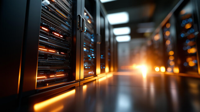 Modern data center server room with glowing lights faceless cloud computing infrastructure defocused data storage background network architecture enterprise systems