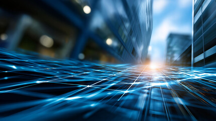 Abstract blue tech background with light effect faceless lines grid design defocused digital network background data processing visualization internet connection concept