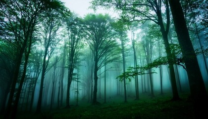 Tree Silhouettes In Dark Green Foggy Forest