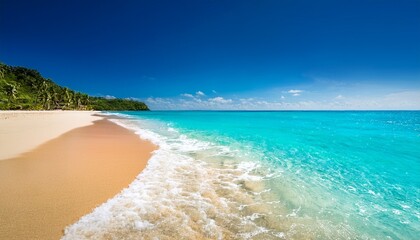 Sun Drenched Beach Scene Turquoise Water Laps Gently At The Shore Vibrant Summer Vibes Perfect For Travel Vacation And Summer Holiday Themes Happy Sun Beach