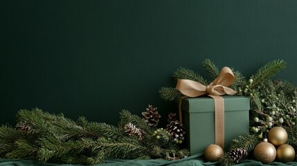 Green Holiday Gift Box with Christmas Decorations and Evergreen Branches on Dark Green Background. Winter Christmas, Advent still life.