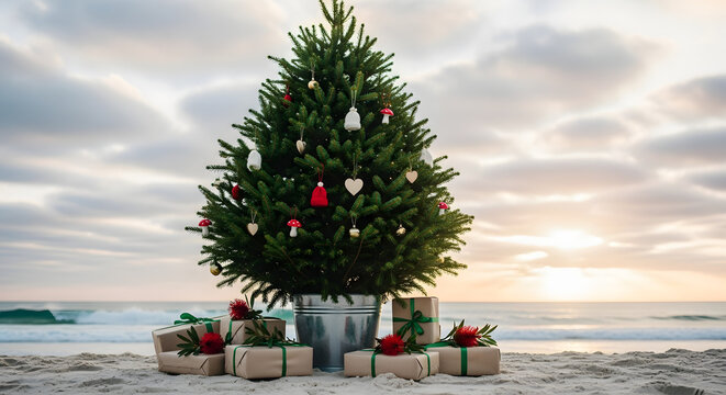 A decorated christmas tree with gifts sits on a sandy beach with the ocean and a cloudy sunset in the background