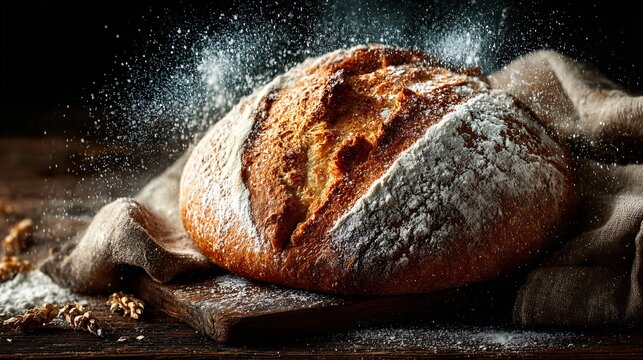 Rustic fresh baked bread loaf with flour dusting on cloth