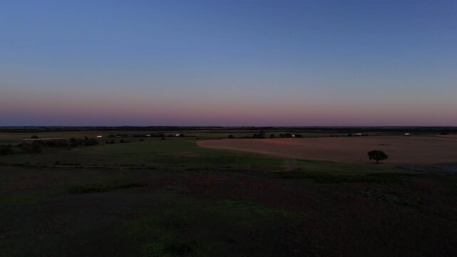 Aerial landscape of desert sunset land in rural historic US route 66 Hext Texas Menard County TX