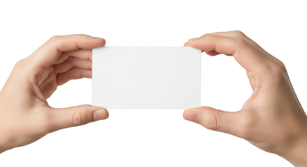 Two hands holding a blank white rectangular card horizontally isolated on a transparent background image