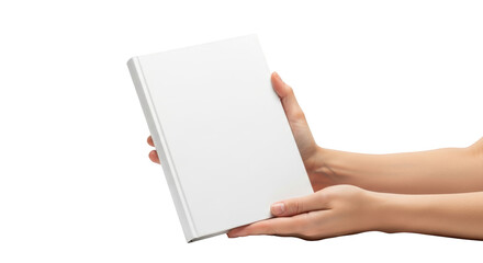 Obraz premium Two hands holding a blank white hardcover book with a clean spine isolated on a transparent background